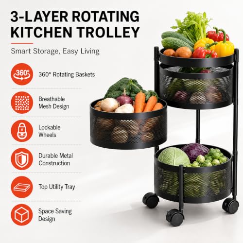 Image of Homeor 3 Layer Kitchen Trolley with Wheels | 360 Rotating Metal Storage Rack for Vegetables, Fruits, Onion & Spices | Round Multipurpose Kitchen Organizer Stand | Metal Kitchen Trolley, Matte Black