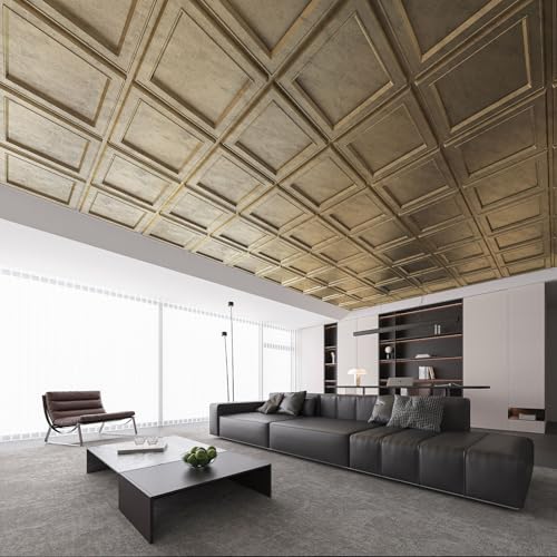 WOWSTAR 12-Pack 24\"x24\" Drop Ceiling Tiles, Waterproof Glue up Ceiling Panels, Modern Style 3D Wall Panels, Antique Gold