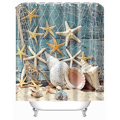 Hipaopao Starfish Seashell Beach Theme Fabric Shower Curtain Sets Bathroom Decor With Hooks Waterproof Washable 72 X 72 Inches Blue Yellow White #TOP1