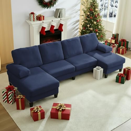 Mjkone 110" Width Sectional Couches with Chaises for Living Room, U Shaped Cloud Sofa Couch with Ice Velvet Fabric, Minimalist 4 Seater Sofa Set Living Room Sets Furniture for Home Office, Blue