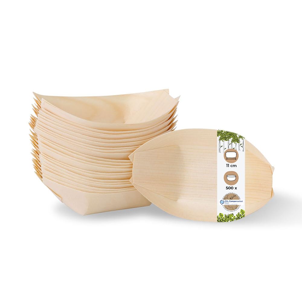 BIOZOYG Cuencos hondo madera de pino I platos desechables orgánicos sostenibles y compostables I Snack bowl bocadillos currywurst papas fritas Sushi I cuenco alimentos fríos y calientes 500 piezas