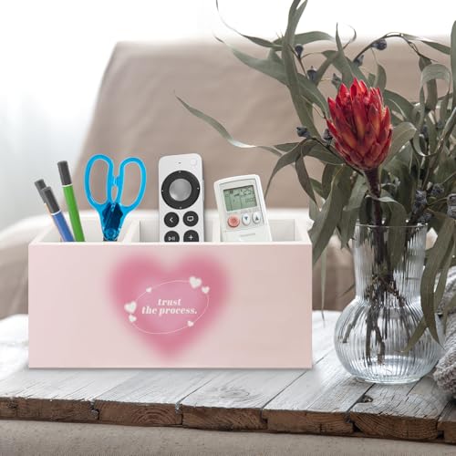 Image of Preppy Pink Heart Aura Inspirational Wooden Pen Pencil Holder for Office Desk Accessories, Trust the Process Spiritual Positive Makeup Brush Toothbrush Holder Organizer