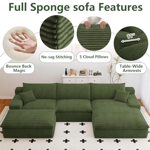 Image of 107 inch Cloud Couch Modular Sectional Sofa for Living Room, U-Shape Boneless Couch with Deep Seat, Modern Corduroy 3-Seater with Ottoman, No Assembly Required (Green,Right-Facing Chaise)