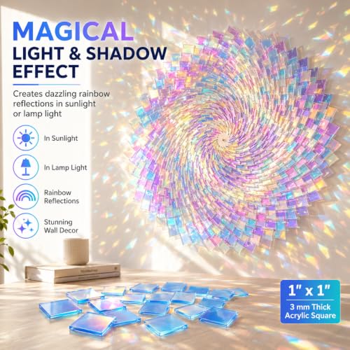 Image of TOEPODO 100pcs Mini Iridescent Holographic Acrylic Squares 1 inchx1 inch,1 /8 inch Thickness, Transparent Rainbow Cast Acrylic Sheets Plexiglass Sheets for DIY Crafts, Art Deco, Light & Shadow Artwork /Home Deco