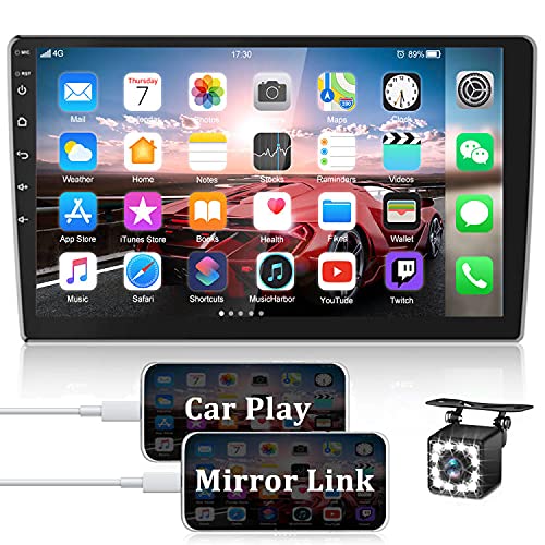 AMprime Android Double Din Car Stereo with Apple Carplay 10.1   Touchscreen Car Radio Support Bluetooth, Mirror Link, WiFi, GPS, FM, SWC + Rear Camera & External Microphone