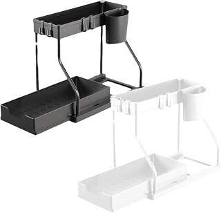 Under Sink Organizers and Storage, 2-Tier Sliding Cabinet Basket Organizer with Hooks, Multi-Purpose Under Sink Organizers and Storage for Bathroom Kitchen (Black and White, 2 PCS)