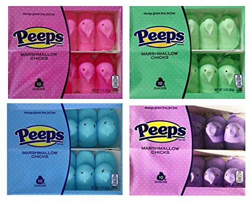 Marshmallow Peeps Bundle: Variety Pack Green, Blue, Pink and Purple Chicks (10 Chicks Per Pack)