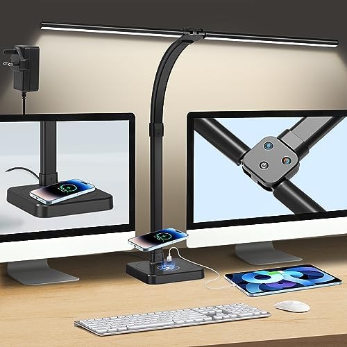 Eocean LED Desk Lamp for Home Office, 48W Double Head Table Lamp Desk Light with USB Charging Port & Wireless Charger, Dimmable Gooseneck Reading Light Study Lamp 5 Lighting Brightness