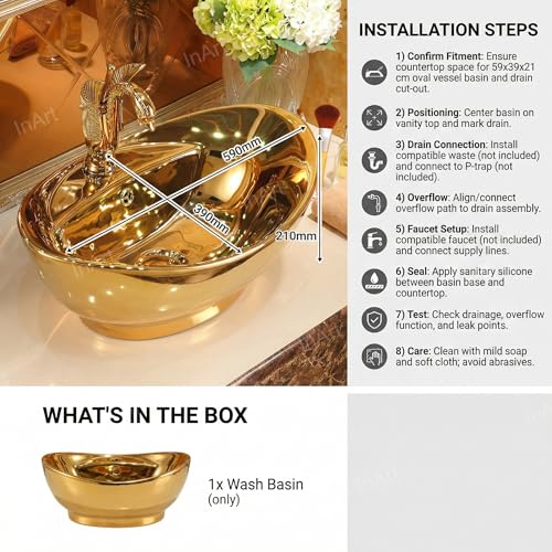 Image of InArt Ceramic Oval Gold Color Vanity Wash Basin, 59 x 39 x 21 CM, Luxurious Bathroom Sink