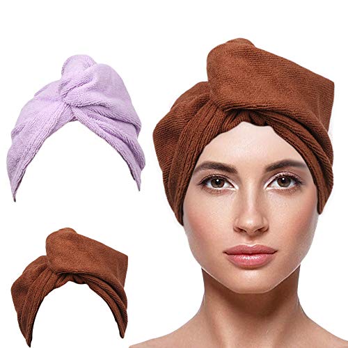FOVIUPET 2 Pack Microfiber Hair Towel Wrap for Women, 10x26 inch Super Absorbent Hair Wrap Quick Dryer Hair Drying Towel for Drying Curly, Long & Thick Hair, Hair Turban for Bath Spa (coffee+purple)