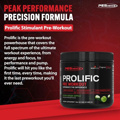 Image of PEScience Prolific Pre Workout Powder, Sour Green Apple, L Citrulline Nitric Oxide Booster, Energy Preworkout & Nootropic for Focus, 40 Scoops