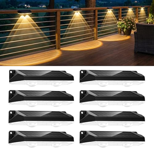 Brightown 8 Pack Solar-Fence-Lights-Outdoor, IP65 Waterproof Warm White & RGB 11 Color Solar Deck Step Flood Lights, Solar Patio Lights for Outside Backyard Yard Home Improvement Wall Railing