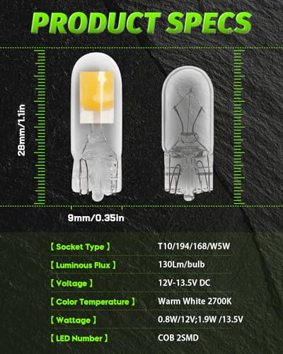 Image of Alopee 10 Pack 194 Bulb Warm White 2700K LED Interior Car Lights 12V | Waterproof, Compatible with 168 194 W5W T10 Led Bulb RV Car Interior Lighting