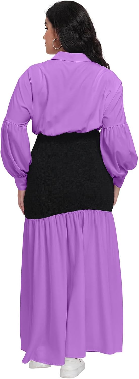 Ekaliy Women's Puff Long Sleeve Shirt Dress Elegant Button Down Loose Swing Party Maxi Dress - Image 3