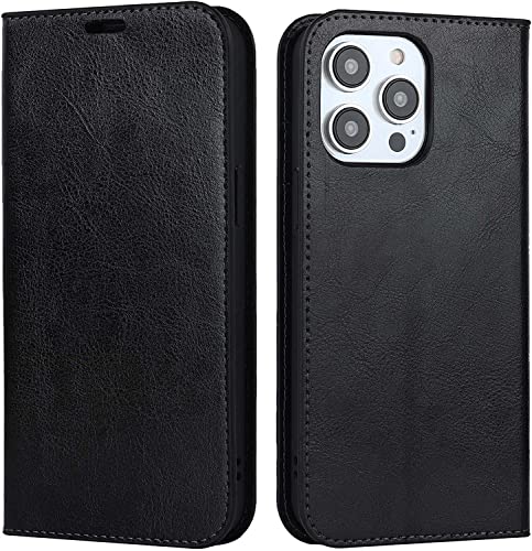 Étui portefeuille iPhone 14 Pro en cuir noir à rabat chic