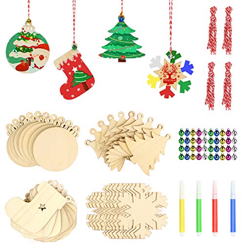 Christmas Ornaments Craft Kits for Kids 40pcs Wooden Unfinished DIY Holiday Trees Hanging Decorations Sock, Snow 4 Styles Predrilled Slices with Hole, String, Color Pens, Jingle Bells Ideas Gifts 2020