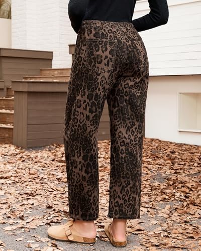 GRAPENT Barrel Jeans for Women Trendy High Waisted Pull On Wide Leg Cropped Leopard Cheetah Print Stretchy Denim Pants — view 3
