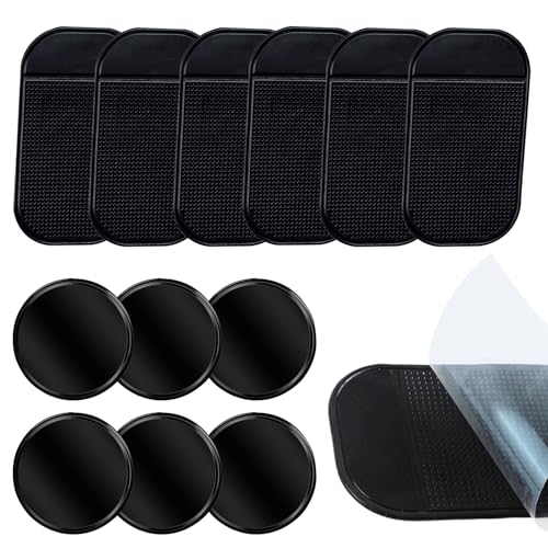 12-Pack Anti-Slip Dashboard Mats for Car - 6 Rectangular & 6 Circular Rubber Pads for Phones, Sunglasses, Keys - Heat Resistant & Reusable Car Grip Mat (Black)