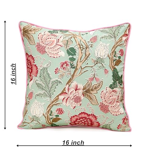 Image of Cotton Cushion Covers 16x16 Inch - Hand Block Floral Print Pillow Covers for Sofa, Couch & Bedroom (Pack of 5) (Cream & Green)