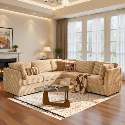Image of ovios Modular Sectional Sofa Couch with V-Shape Chaise Convertible, Comfy Plush Corduroy Cloud Couches, Modern Luxury Deep Seat Sofas Set for Living Room, 5-Seater, Beige