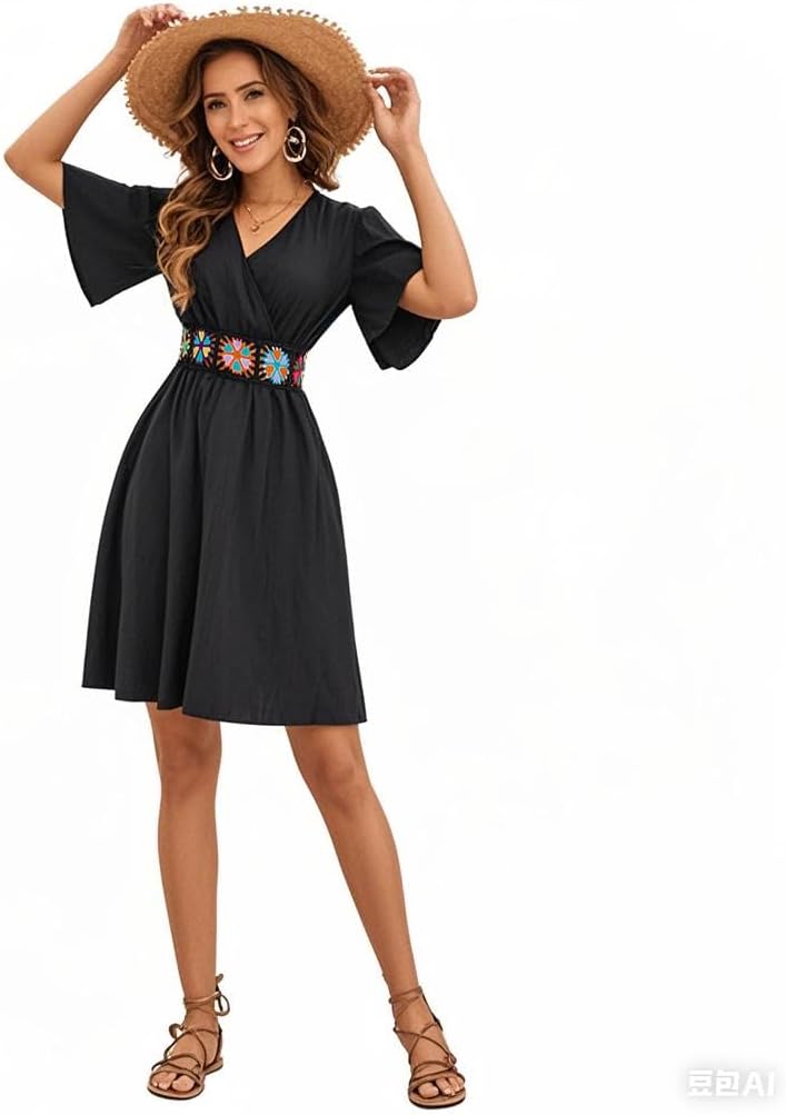 LightlyKiss Women's V-Neck Short Flutter Sleeve Wrap A-Line Dress - Casual Embroidered Belt Beach Holiday Dress - Image 6