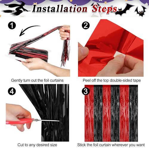 Image of ZATAYE 8 Pack Black Red Halloween Foil Curtain Streamer Decorations | Black Red, Metallic Foil, 3.28 x 7.05 FT, Tinsel Backdrop, Foil Curtain Streamer, Halloween Party