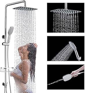 Shower Set XXL Square Rainfall Shower Head and Hose Set with 304 Stainless Shower Riser Rail kit, Hand Shower and Shower Caddy - Without Tap | 5-Year Warranty,Chrome,SonTiy