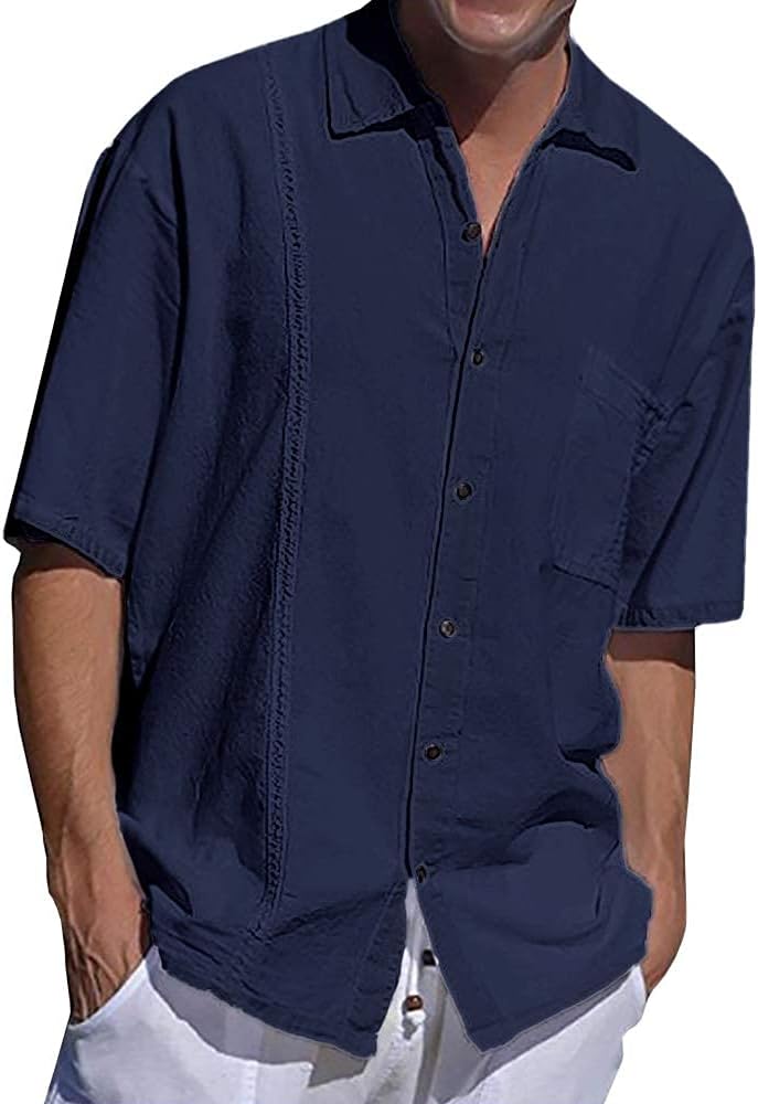 Camisas cubanas de algodón y lino para hombre, con botones y manga
