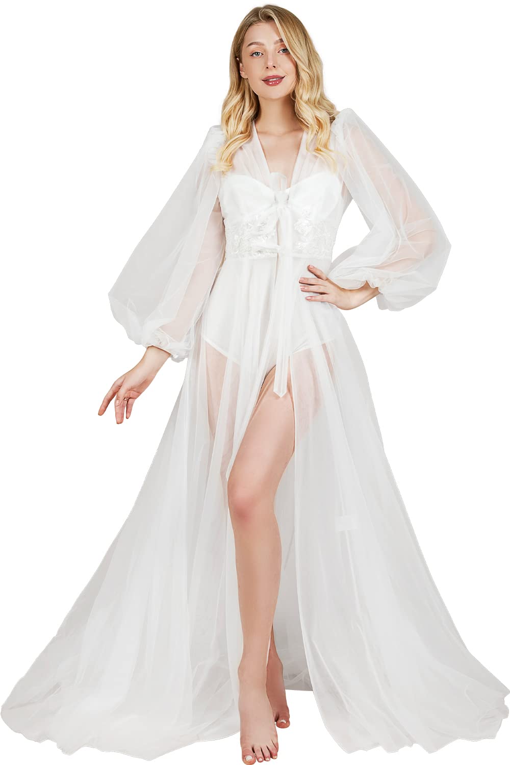 HHQ Women's Long Bridal Robes Tulle White Sheer Ladies Dressing Gown Full Length Sheer Wedding Day Bride Boudoir Photoshoot