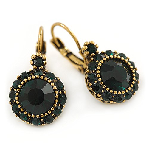 Chiusura: monachella Orecchini a monachella in metallo color oro antico, stile vintage, con cristallo verde scuro, lunghezza 37 mm, Misura unica, Vetro