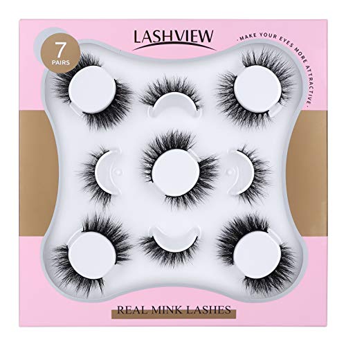 LASHVIEW Mink Lashes,False Eyelashes,Real Mink Lashes,Fluffy Dramatic Look Eyelashes Reusable 100% Handmade,3D Volume Eyelashes Pack(7Pairs)
