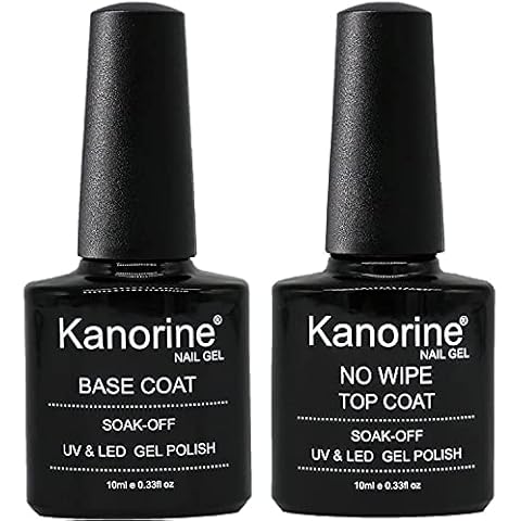 Kanorine UV LED Soak Off Gel Nail Polish Top Coat and Base Coat Set of 2 x 10ml Each(Base & No Wipe Top Coat) Cover