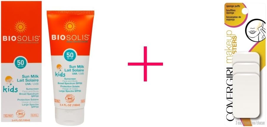 Biosolis Kids Sun Milk Face & Body Organic Sunscreen SPF 50 (2pc AND CoverGirl Makeup Masters Sponge Puffs - BUNDLE)