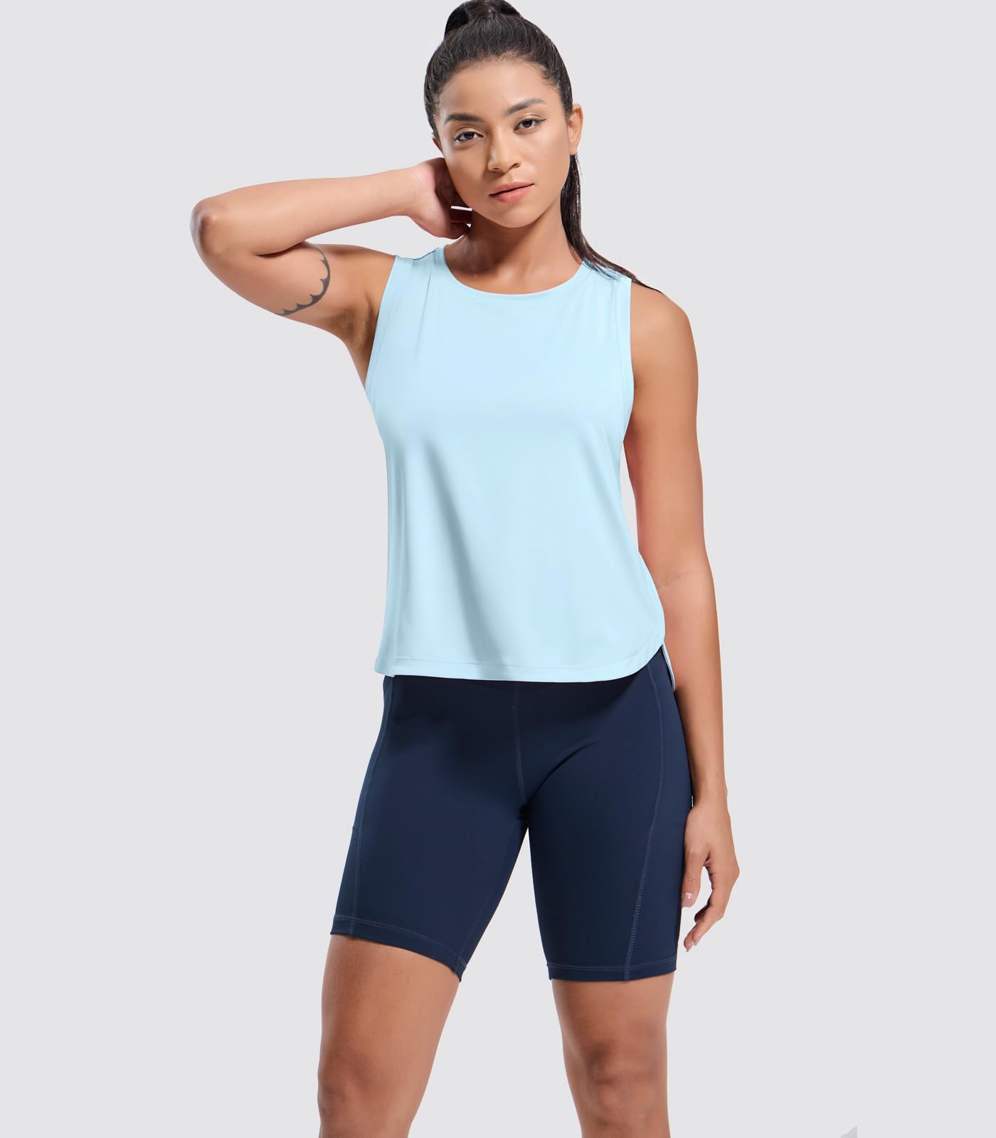 MIER Womens Dry Fit Workout Tank Tops Loose Fit Sleeveless Athletic Running Shirts Gym Exercise Tops, Light Blue, S