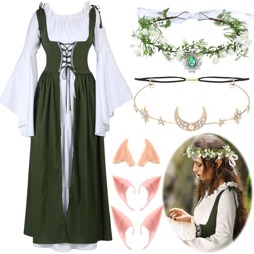 Image of Bonuci 6 Pcs Medieval Renaissance Fairy Costume Women Halloween Elf Cosplay Outfits Victorian Dress Elf Ears Fairy Headpiece