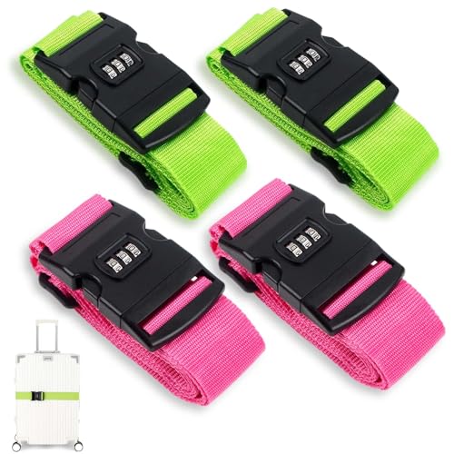 Candado Maleta, 4 Piezas Correas de Equipaje con Cerradura y Etiqueta Cinturones Equipaje Cinturón Ajustables para Maleta de Viaje, Viajes Accesorios para la Seguridad del Equipaje