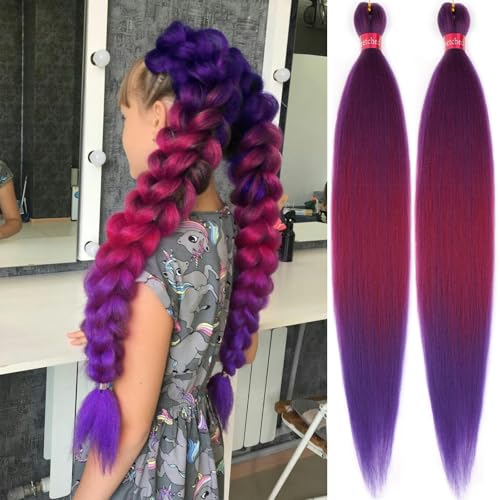Ombre Purple-Rose-Purple Pre Stretched Braiding Hair 30 Inch Braiding Hair 2 Packs Pre Feathered Hair Extensions Braids Easy to Use