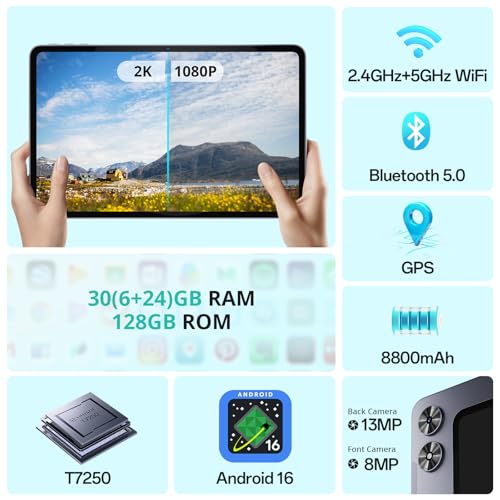 12 Zoll Tablet mit Android 16, 2K Display (2000×1200), 30GB RAM (6+24) + 128GB Speicher, Octa-Core Prozessor, 8800mAh Akku, Widevine L1, Dual WiFi 2.4/5GHz, Bluetooth 5.0, GPS, 13MP Kamera – Bild 3
