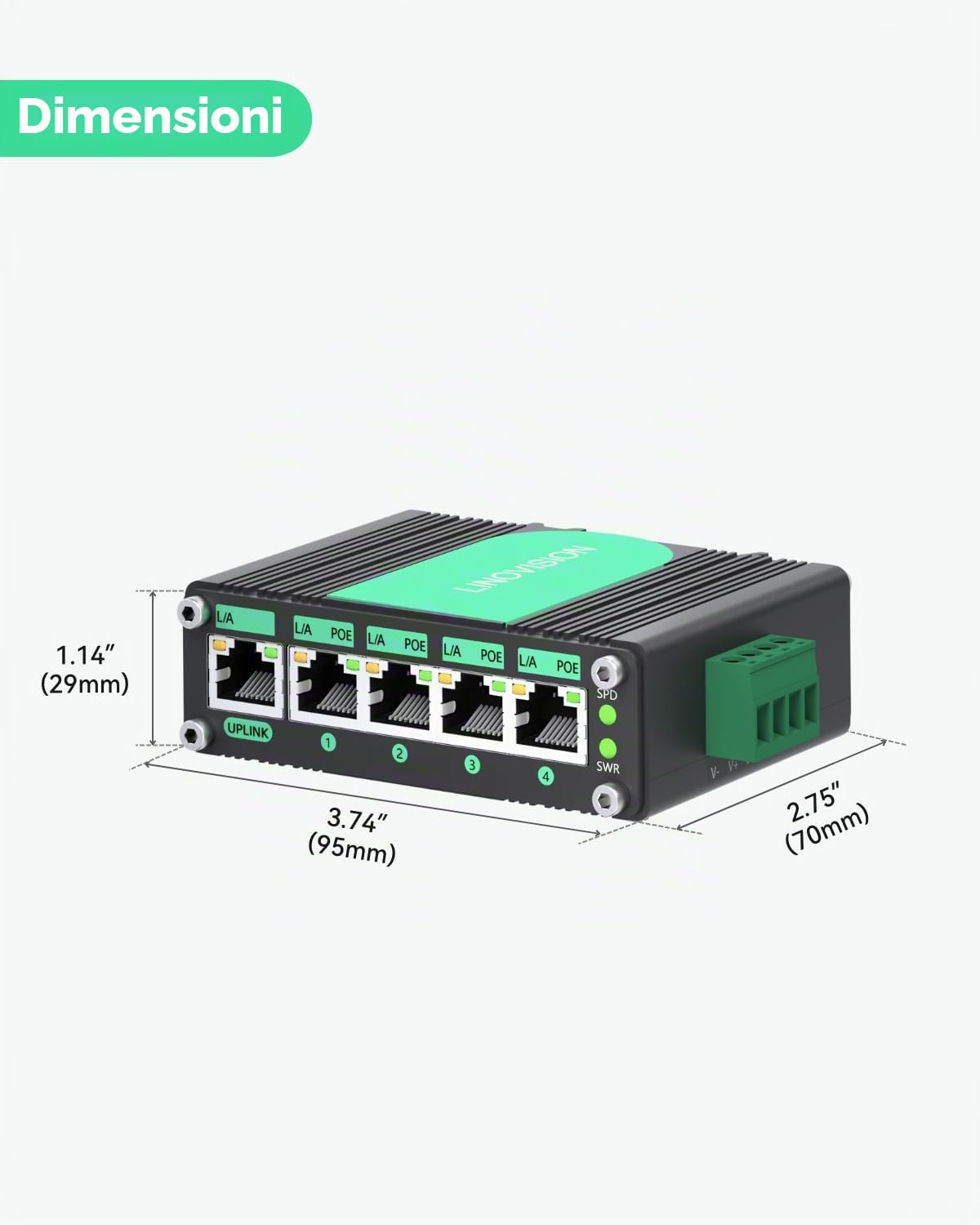 LINOVISION Switch POE industriale a 5 porte Gigabit solari con amplificatore di tensione da DC9V-54V a DC48V,4 porte POE IEEE802.3af/at 30W@120W,IP40, per sistemi di alimentazione solare/RV Truck/VoIP