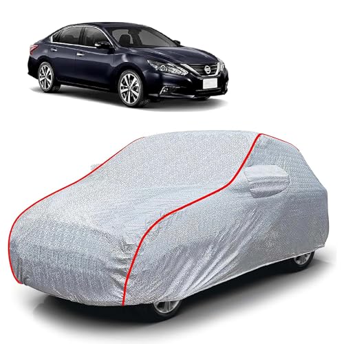 Image of Sulfar 100% Waterproof Car Body Cover Compatible with Mirror for Nissan Teana (Triple Stitched, Full Bottom Elastic, Magic Silver with Red Piping)