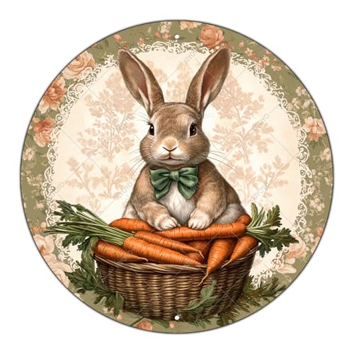KIYOYO Round Metal Sign Easter Rabbit Tin Sign Vintage Spring Wreath Wall Decor for Porch Outdoor Yard Home Farmhouse Gate 12x12 Inch