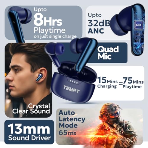 Image of TEMPT Cult Pro | 32db ANC | 8hrs on Single Charge | 13mm Bass Driver | 65ms Auto Latency, LC3 Codec | Clear Calls with Quad Mic | Wireless Earbuds Powered by OxyAcoustics | IPX5 & BT 5.3 TWS (Blue) | inch65ms Auto Latency, LC3 Codec, Quad Mic Calls, OxyAcoustics, IPX5, BT5.3 TWS