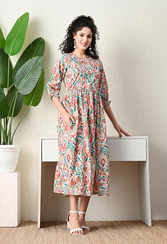 Image of Ichaa Women's Aqua Rayon Printed Maternity Dress with Feeding Zips and Pocket, in Plus Sizes