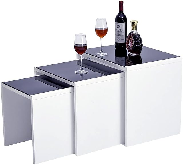 Panana PALDIN Nest of 3 Tables, Stylish design Tempered Glass Coffee Table Set Nesting Tables Living Room End Side Tables,Multi-functional Side Table, White & Black