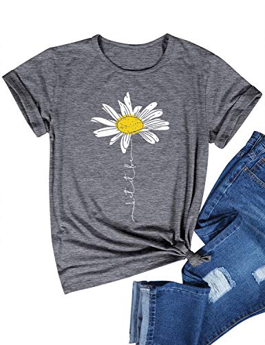 Dresswel Women Let It Be T Shirt Daisy Flower Graphic Print T-Shirt Crew Neck Short Sleeve Tee Tops