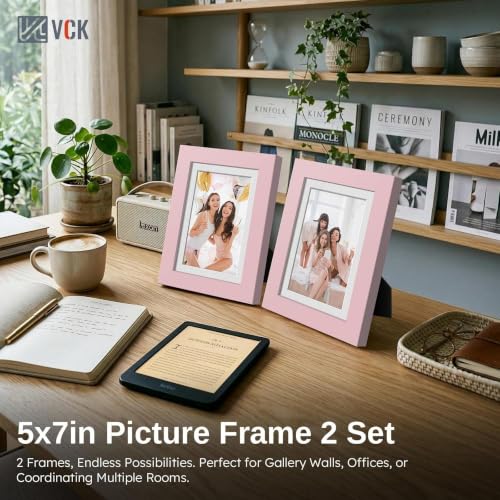 Image of VCK 5x7 Picture Frame 2 Pack, Pink Wood, 4x6 Mat, Glass, for Photo Print