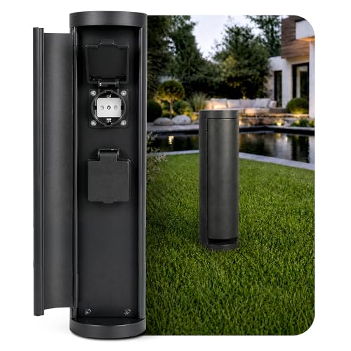 SSC-LUXon PALISO Design - Colonna di prese con 2 prese per giardino ed esterno, colonna di alimentazione con porta, colore: nero, IP44, altezza 39,5 cm