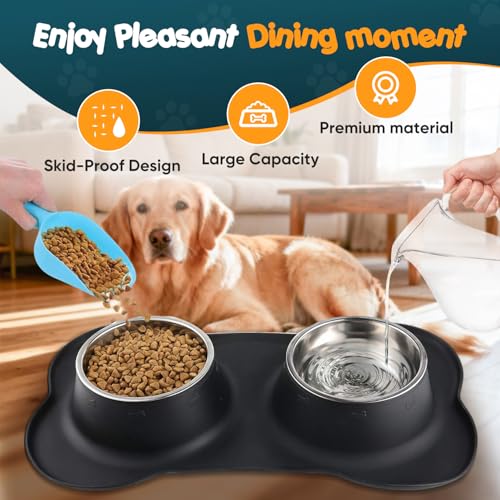 Double Dog Food Bowls Stainless Steel & Water Dish with No-Spill and Non-Slip Silicone Mat, Removable Puppy Feeder Bowls for Small Medium Size Cat Dogs Kitten,14oz - Image 2