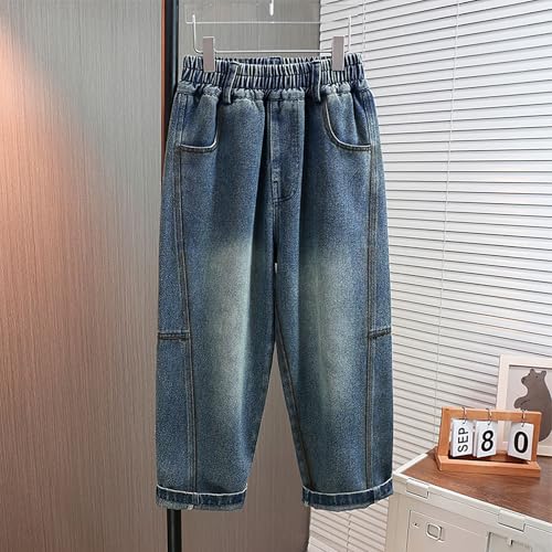 Kid Boy Baggy Denim Jeans Elastic Mid Waist Washed Full Length Tapered Pants4