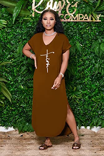 Image of Women Summer V Neck Loose Side Split Maxi Dresses with Pocket